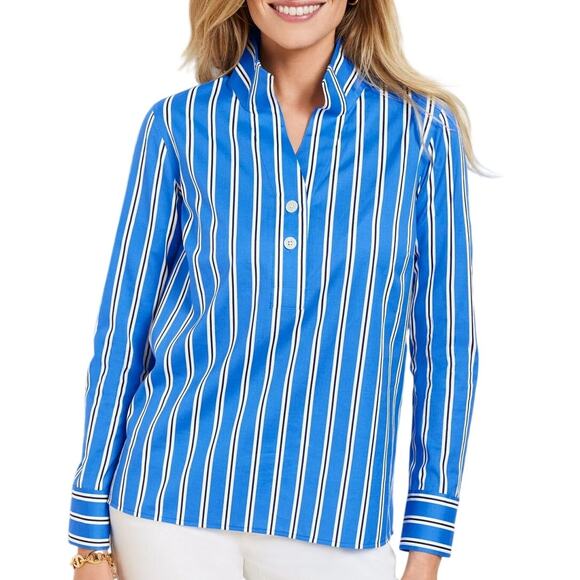Talbots Tops - Talbots Easy Care Shirt Women's Large Blue White Black Stripes Coastal Nautical